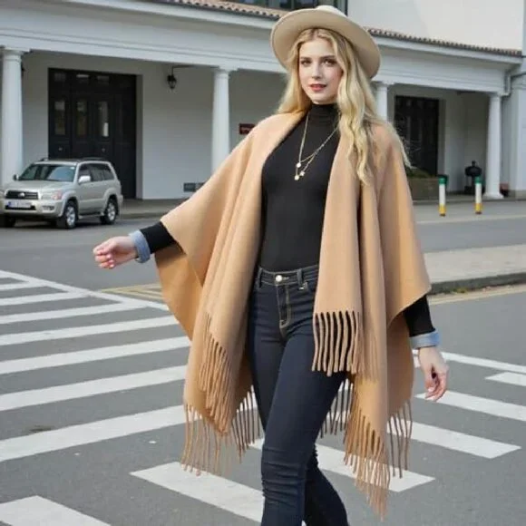 Oversized Poncho Shawl Wrap, 55.5" Length, Acrylic Polyester Blend, Open Front - Picture 4 of 8